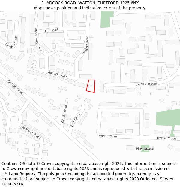 1, ADCOCK ROAD, WATTON, THETFORD, IP25 6NX: Location map and indicative extent of plot