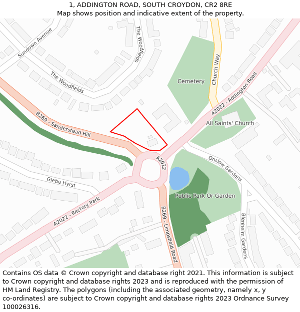 1, ADDINGTON ROAD, SOUTH CROYDON, CR2 8RE: Location map and indicative extent of plot