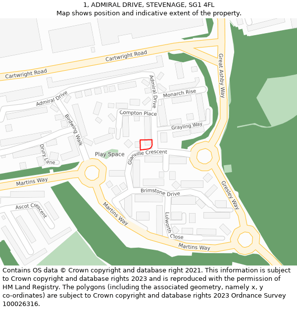 1, ADMIRAL DRIVE, STEVENAGE, SG1 4FL: Location map and indicative extent of plot