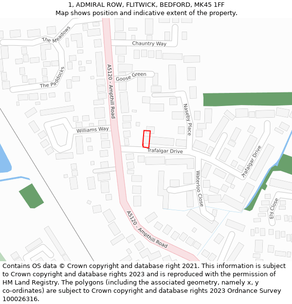 1, ADMIRAL ROW, FLITWICK, BEDFORD, MK45 1FF: Location map and indicative extent of plot