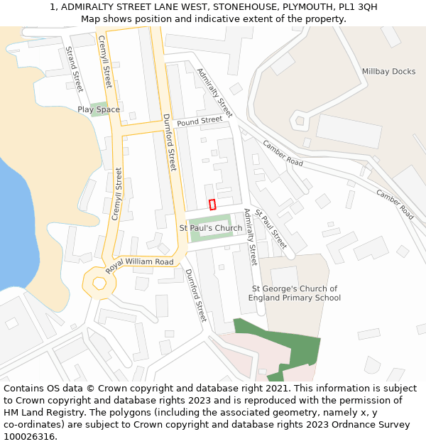 1, ADMIRALTY STREET LANE WEST, STONEHOUSE, PLYMOUTH, PL1 3QH: Location map and indicative extent of plot