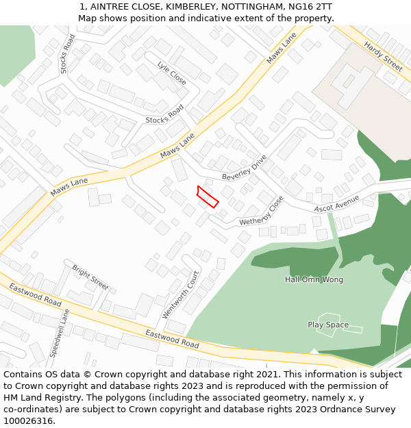 1, AINTREE CLOSE, KIMBERLEY, NOTTINGHAM, NG16 2TT: Location map and indicative extent of plot