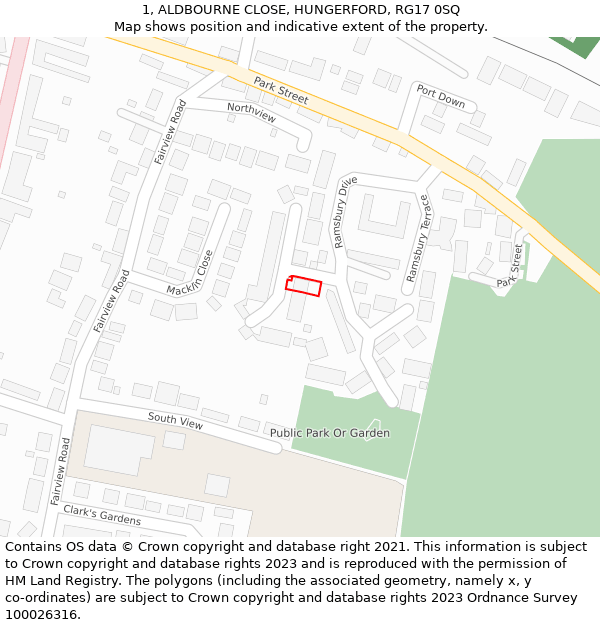 1, ALDBOURNE CLOSE, HUNGERFORD, RG17 0SQ: Location map and indicative extent of plot