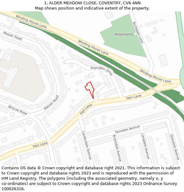 1, ALDER MEADOW CLOSE, COVENTRY, CV6 4NN: Location map and indicative extent of plot