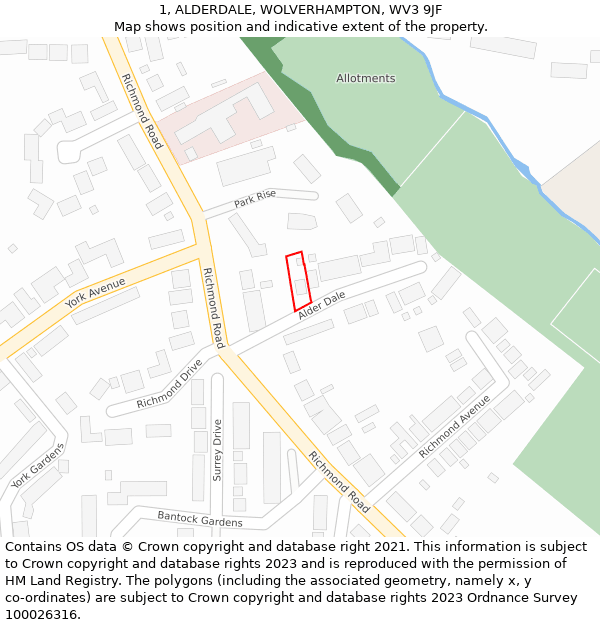 1, ALDERDALE, WOLVERHAMPTON, WV3 9JF: Location map and indicative extent of plot