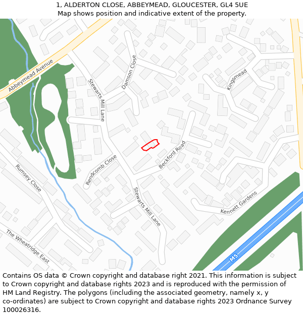 1, ALDERTON CLOSE, ABBEYMEAD, GLOUCESTER, GL4 5UE: Location map and indicative extent of plot