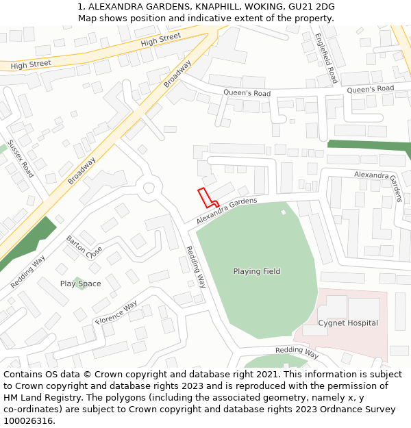 1, ALEXANDRA GARDENS, KNAPHILL, WOKING, GU21 2DG: Location map and indicative extent of plot