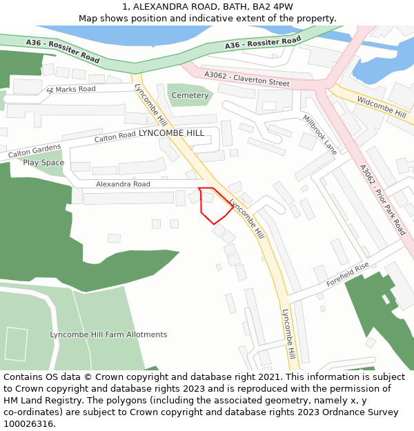 1, ALEXANDRA ROAD, BATH, BA2 4PW: Location map and indicative extent of plot
