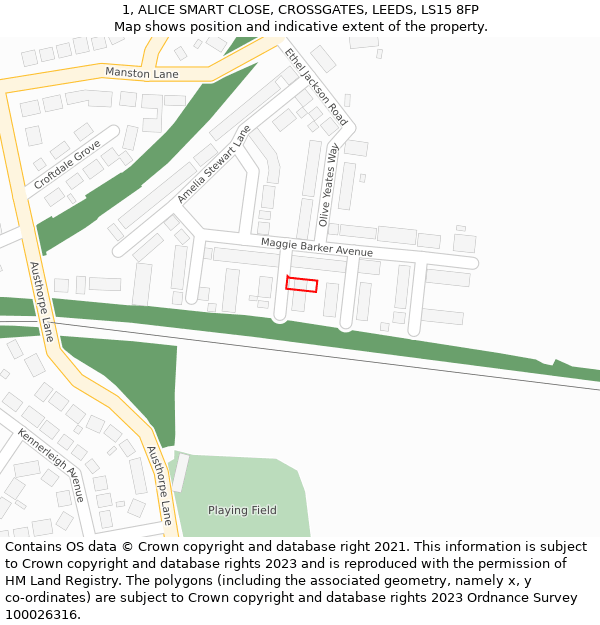 1, ALICE SMART CLOSE, CROSSGATES, LEEDS, LS15 8FP: Location map and indicative extent of plot