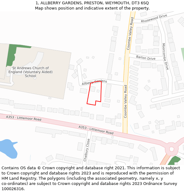 1, ALLBERRY GARDENS, PRESTON, WEYMOUTH, DT3 6SQ: Location map and indicative extent of plot