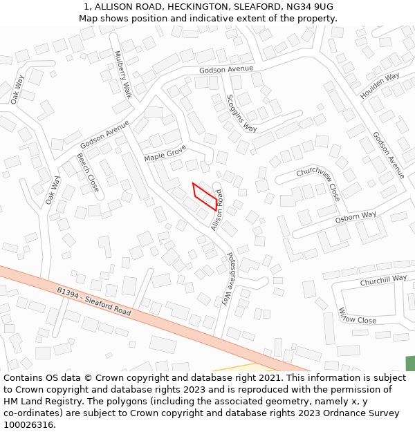1, ALLISON ROAD, HECKINGTON, SLEAFORD, NG34 9UG: Location map and indicative extent of plot