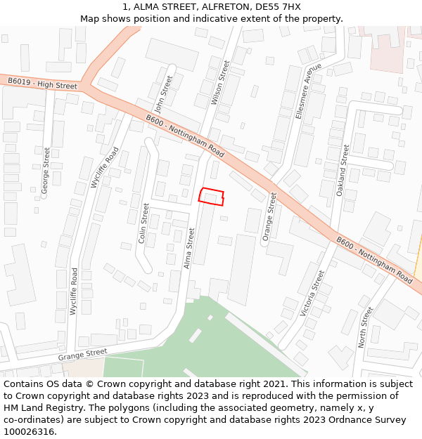 1, ALMA STREET, ALFRETON, DE55 7HX: Location map and indicative extent of plot