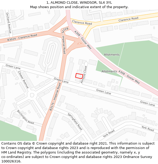 1, ALMOND CLOSE, WINDSOR, SL4 3YL: Location map and indicative extent of plot