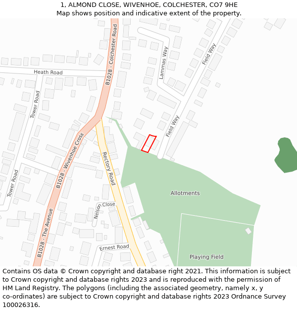 1, ALMOND CLOSE, WIVENHOE, COLCHESTER, CO7 9HE: Location map and indicative extent of plot