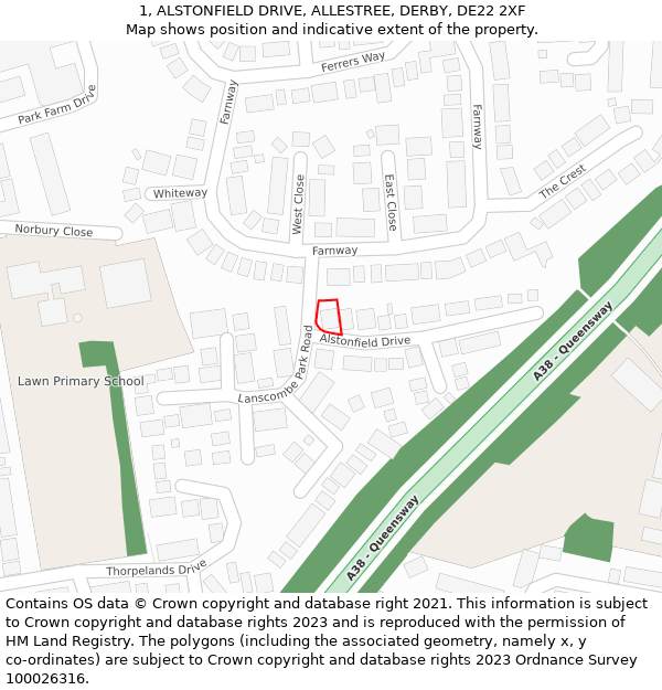 1, ALSTONFIELD DRIVE, ALLESTREE, DERBY, DE22 2XF: Location map and indicative extent of plot