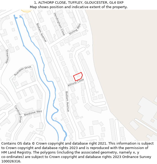 1, ALTHORP CLOSE, TUFFLEY, GLOUCESTER, GL4 0XP: Location map and indicative extent of plot