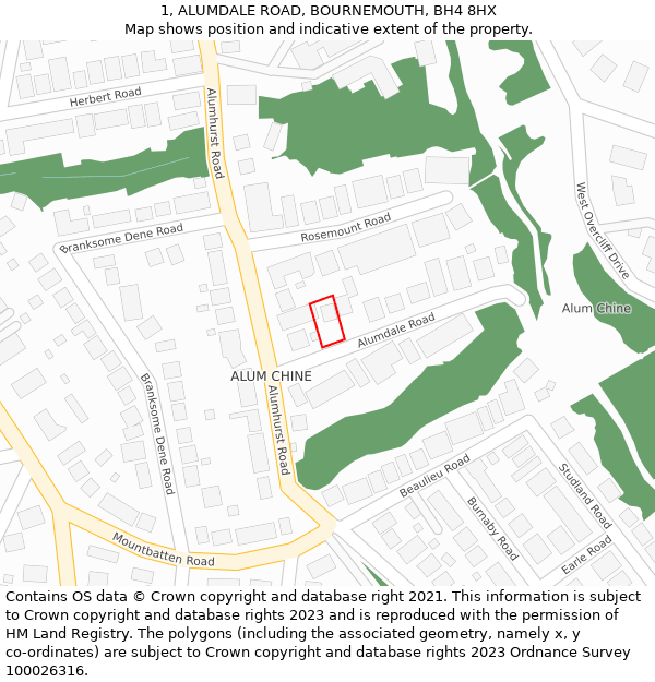 1, ALUMDALE ROAD, BOURNEMOUTH, BH4 8HX: Location map and indicative extent of plot