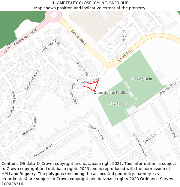 1, AMBERLEY CLOSE, CALNE, SN11 9UP: Location map and indicative extent of plot