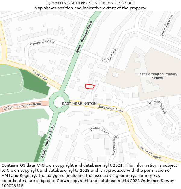 1, AMELIA GARDENS, SUNDERLAND, SR3 3PE: Location map and indicative extent of plot