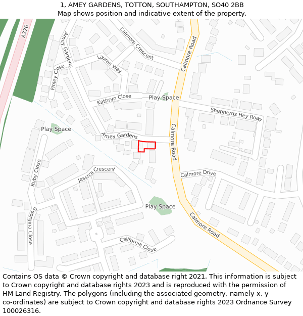 1, AMEY GARDENS, TOTTON, SOUTHAMPTON, SO40 2BB: Location map and indicative extent of plot