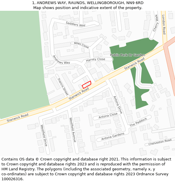 1, ANDREWS WAY, RAUNDS, WELLINGBOROUGH, NN9 6RD: Location map and indicative extent of plot