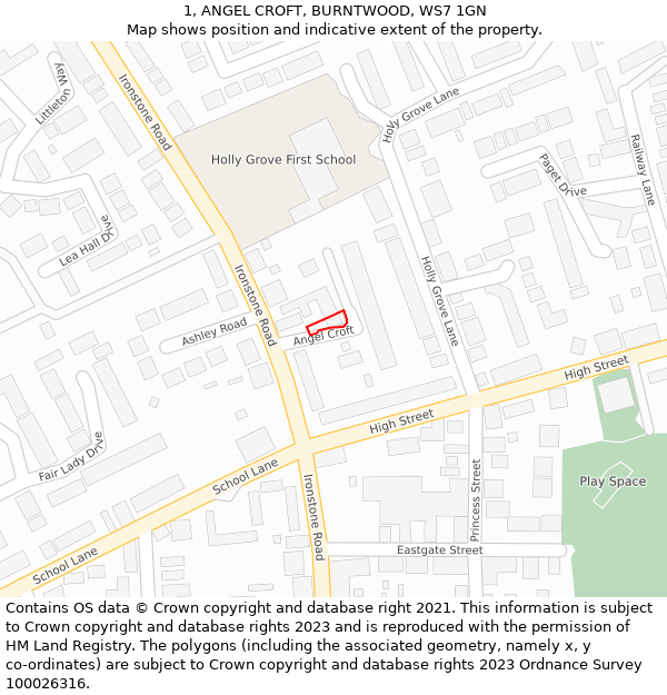 1, ANGEL CROFT, BURNTWOOD, WS7 1GN: Location map and indicative extent of plot