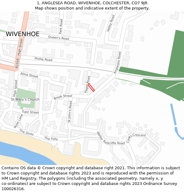 1, ANGLESEA ROAD, WIVENHOE, COLCHESTER, CO7 9JR: Location map and indicative extent of plot