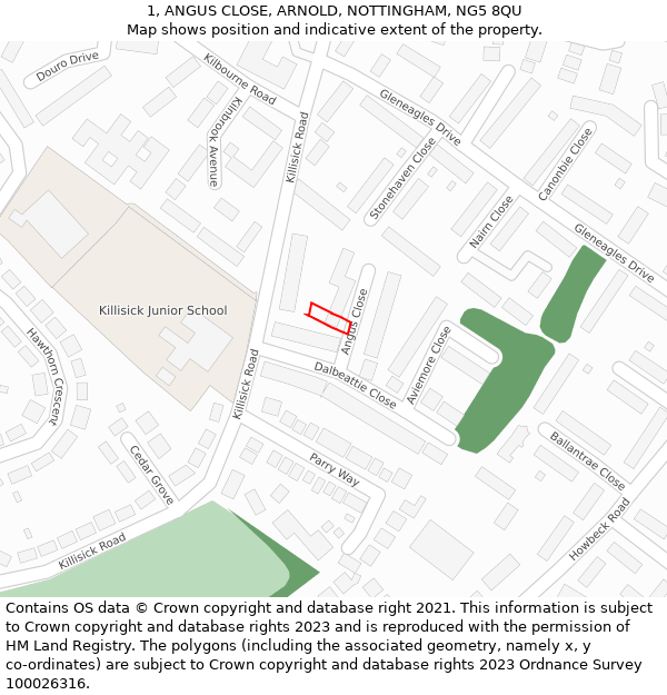 1, ANGUS CLOSE, ARNOLD, NOTTINGHAM, NG5 8QU: Location map and indicative extent of plot