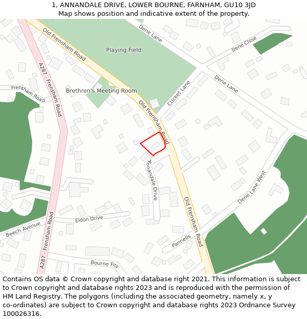 1, ANNANDALE DRIVE, LOWER BOURNE, FARNHAM, GU10 3JD: Location map and indicative extent of plot