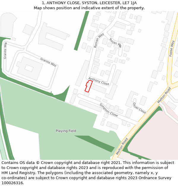 1, ANTHONY CLOSE, SYSTON, LEICESTER, LE7 1JA: Location map and indicative extent of plot