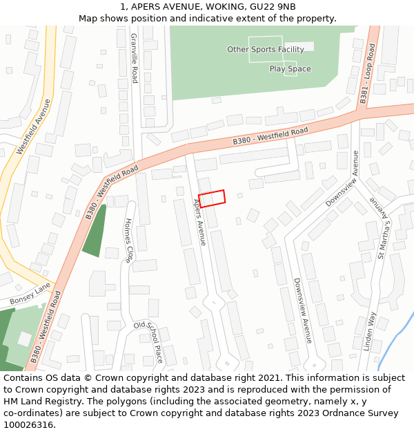 1, APERS AVENUE, WOKING, GU22 9NB: Location map and indicative extent of plot