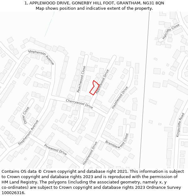 1, APPLEWOOD DRIVE, GONERBY HILL FOOT, GRANTHAM, NG31 8QN: Location map and indicative extent of plot