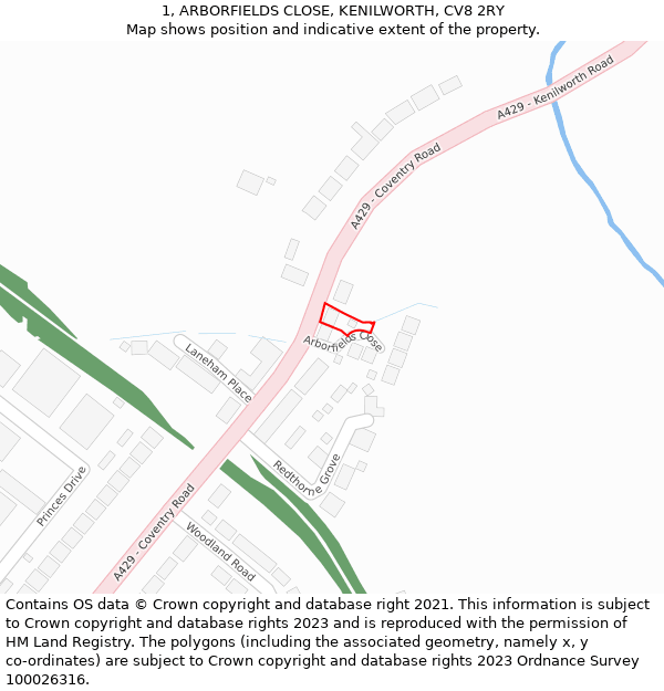 1, ARBORFIELDS CLOSE, KENILWORTH, CV8 2RY: Location map and indicative extent of plot