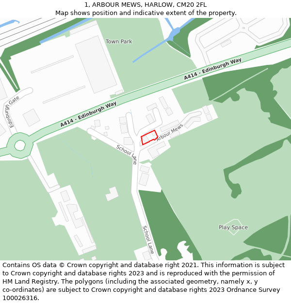 1, ARBOUR MEWS, HARLOW, CM20 2FL: Location map and indicative extent of plot