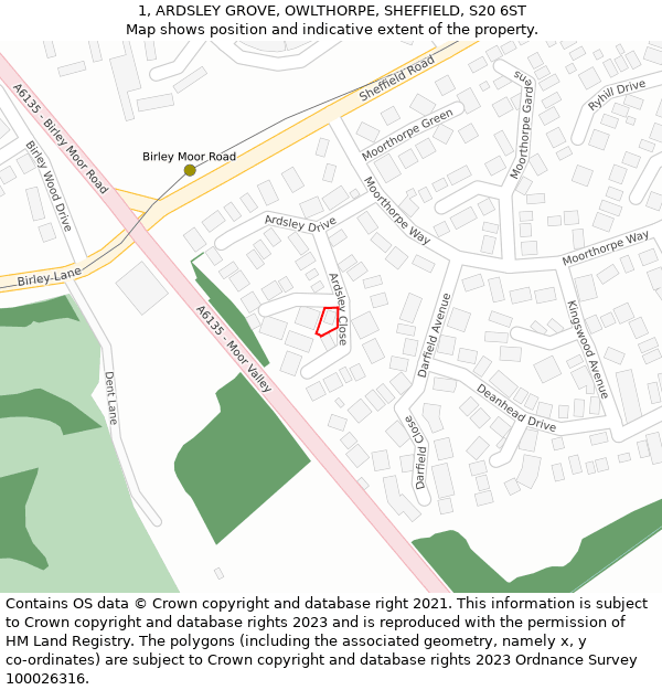 1, ARDSLEY GROVE, OWLTHORPE, SHEFFIELD, S20 6ST: Location map and indicative extent of plot