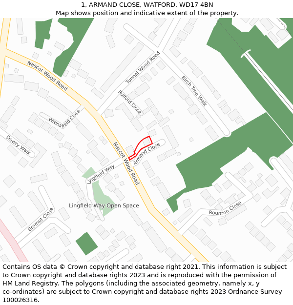 1, ARMAND CLOSE, WATFORD, WD17 4BN: Location map and indicative extent of plot