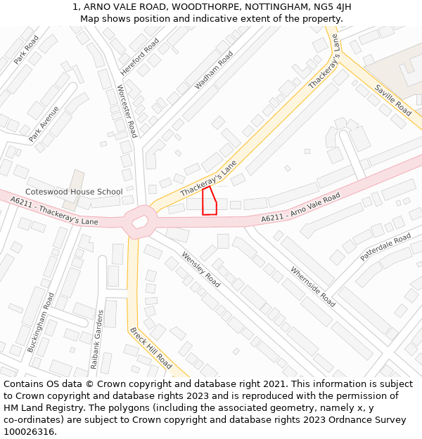 1, ARNO VALE ROAD, WOODTHORPE, NOTTINGHAM, NG5 4JH: Location map and indicative extent of plot