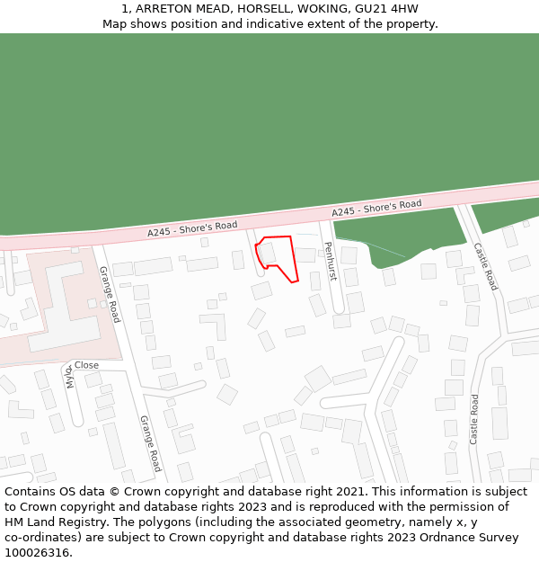 1, ARRETON MEAD, HORSELL, WOKING, GU21 4HW: Location map and indicative extent of plot