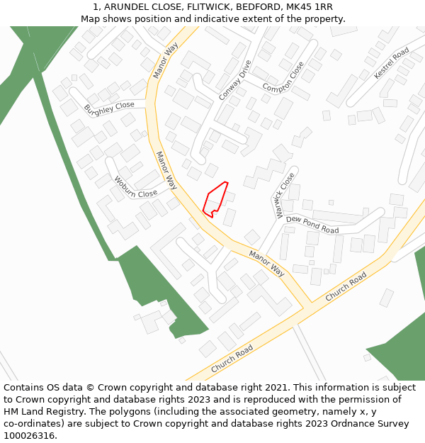 1, ARUNDEL CLOSE, FLITWICK, BEDFORD, MK45 1RR: Location map and indicative extent of plot