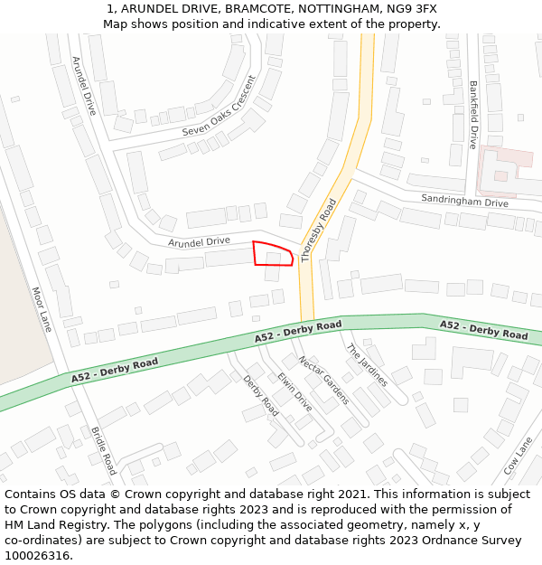 1, ARUNDEL DRIVE, BRAMCOTE, NOTTINGHAM, NG9 3FX: Location map and indicative extent of plot