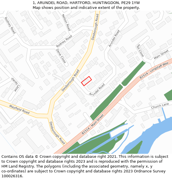 1, ARUNDEL ROAD, HARTFORD, HUNTINGDON, PE29 1YW: Location map and indicative extent of plot