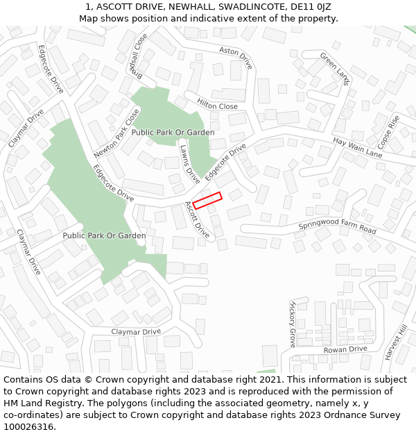 1, ASCOTT DRIVE, NEWHALL, SWADLINCOTE, DE11 0JZ: Location map and indicative extent of plot