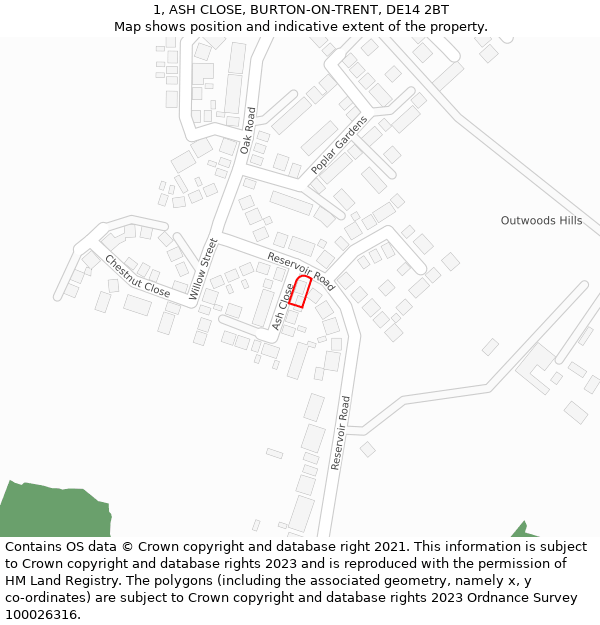 1, ASH CLOSE, BURTON-ON-TRENT, DE14 2BT: Location map and indicative extent of plot