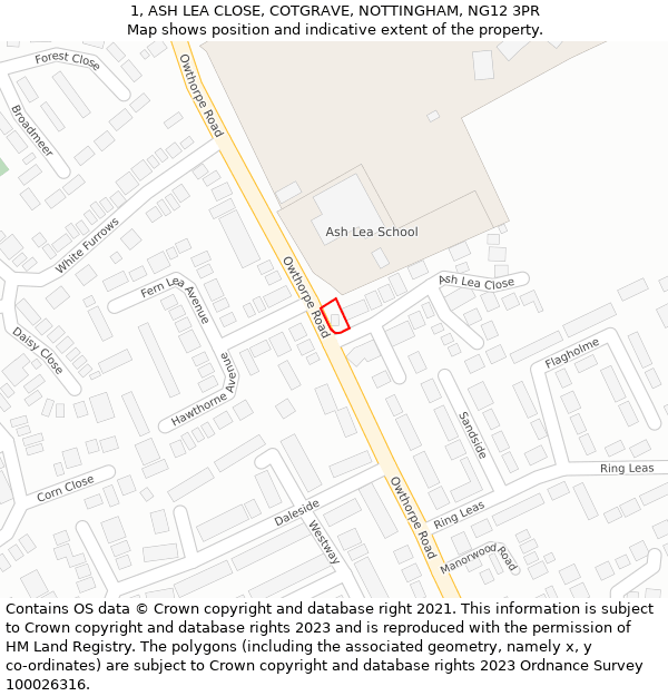 1, ASH LEA CLOSE, COTGRAVE, NOTTINGHAM, NG12 3PR: Location map and indicative extent of plot