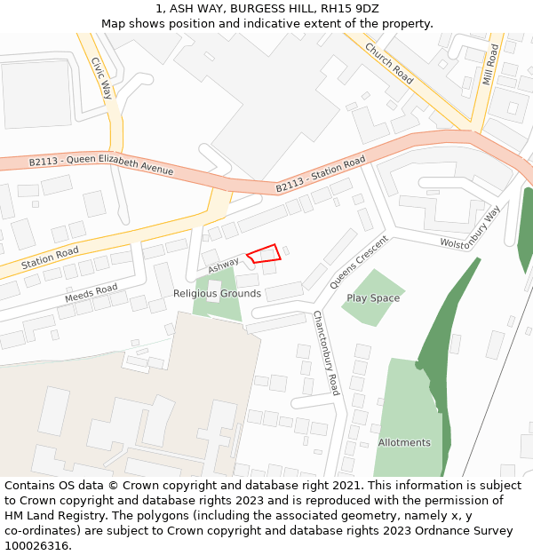 1, ASH WAY, BURGESS HILL, RH15 9DZ: Location map and indicative extent of plot