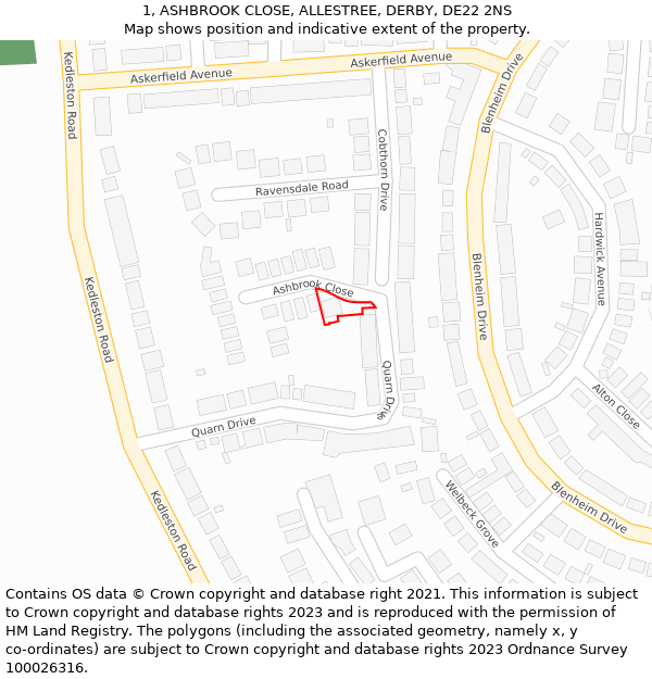 1, ASHBROOK CLOSE, ALLESTREE, DERBY, DE22 2NS: Location map and indicative extent of plot