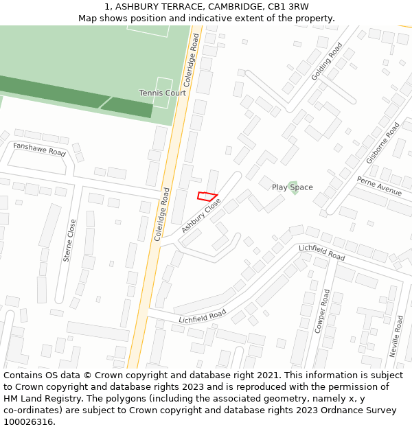 1, ASHBURY TERRACE, CAMBRIDGE, CB1 3RW: Location map and indicative extent of plot