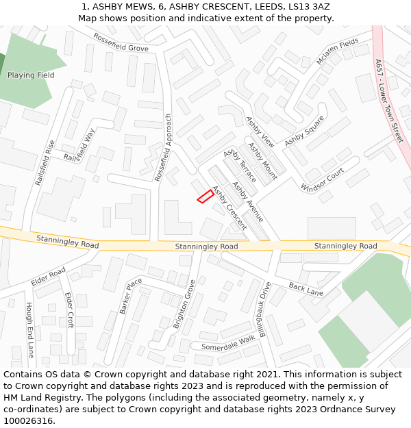 1, ASHBY MEWS, 6, ASHBY CRESCENT, LEEDS, LS13 3AZ: Location map and indicative extent of plot