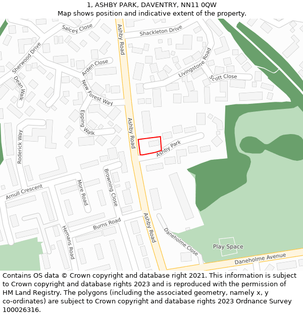 1, ASHBY PARK, DAVENTRY, NN11 0QW: Location map and indicative extent of plot