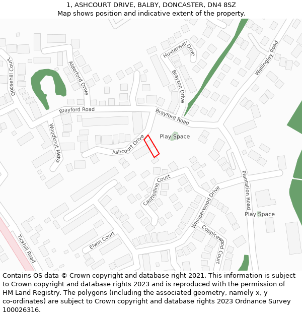 1, ASHCOURT DRIVE, BALBY, DONCASTER, DN4 8SZ: Location map and indicative extent of plot